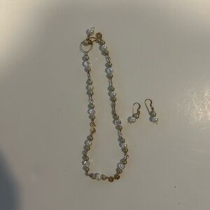 HANDMADE BEAD & PEARL NECKLACE & EARRINGS SET GOLD TONE